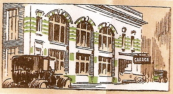 Historic illustration of the Botanic Gardens Garage with early motor cars outside